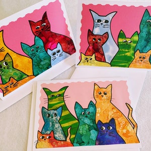 Ensemble de 3 cartes de vœux vierges sur le thème du chat 5 x 7 pouces, toutes les cartes de notes d’occasion avec des illustrations de collage de chat à l’encre d’alcool