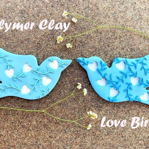 Set of 2 love bird ornaments, blue tone-on-tone polymer clay accents for gift giving, holiday displays, and wedding decorations