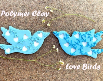 Set of 2 love bird ornaments, blue tone-on-tone polymer clay accents for gift giving, holiday displays, and wedding decorations
