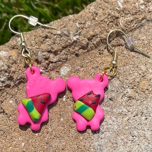 Mini Watermelon Teddy Bears in Pink Polymer Clay Handmade Earrings