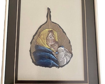 Vintage Peepal Leaf Painting India Dried Pipal Art Hand Painted Woman Child