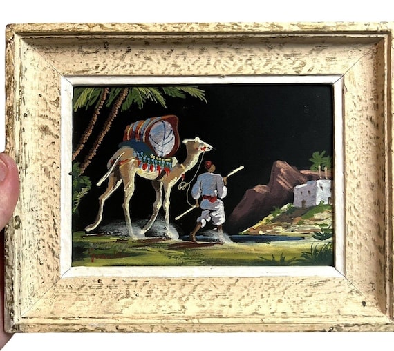Vadim Markin 油彩画 ラクダ 砂漠風景 額装 絵画 サイン有 VTG アラビア砂漠の風景 ラクダ 東洋美術 絵画 ベルベット 額入り 署名