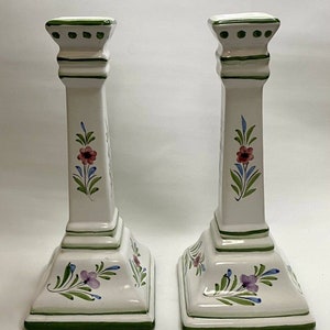 Pair Of 2 Taper Candle Holders Hand Painted Portugal 10” Signed RCCL Flowers