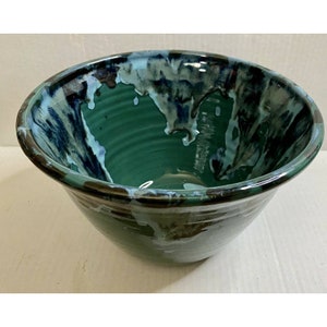 Pottery Hand Thrown Large Bowl Ceramic Drip Glaze Art Green Blue Signed 6”