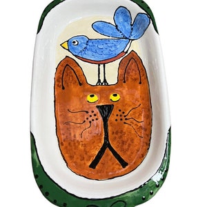 Handmade Whimsical Kitty Cat Bird OOAK Trinket Tray Dish Painted Art Signed