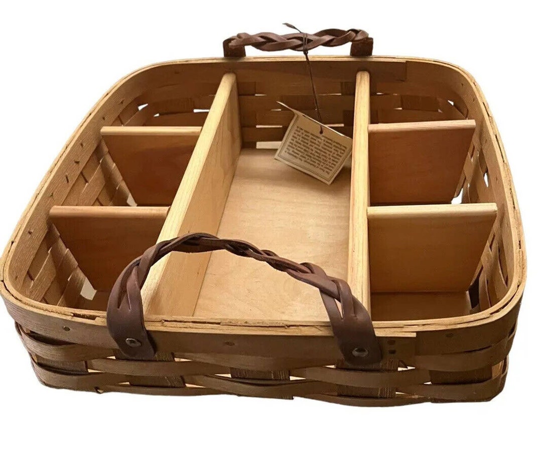 PETERBORO BASKET CO Divided Woven Caddy Buffet Server Braided Leather