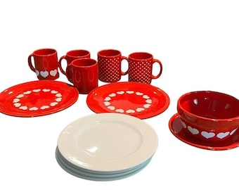 Waechtersbach Germany Bowl Plate Mug Set Of 13 Red White Hearts Valentines Day