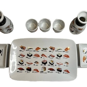 World Market Know Your Sushi Menu Identification Plate Cup Soy Sauce Sake Set 11