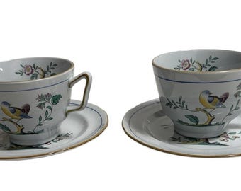 Spode England Queens Bird Porcelain Y4973 London Shape 2 Teacups 2 Saucers