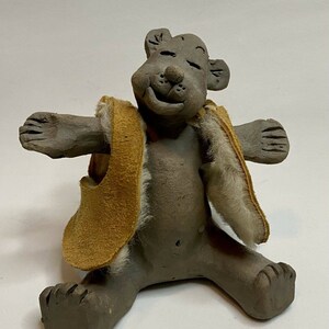 Handmade Clay Happy Gray Teddy Bear Figurine Sitting Hug Smile Idaho 3.5” OOAK