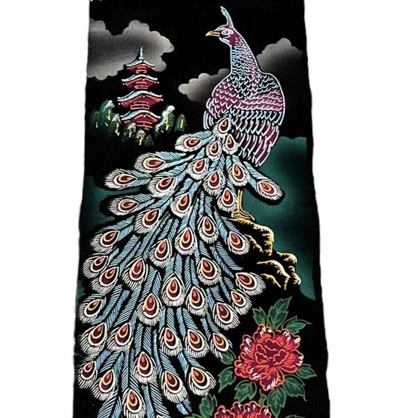 Japanese Art Painting Hanging Scroll "Peacock-Peonies-Temple-Mt. Fugi" 33"