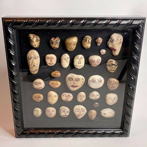 Hand Painted Rock Stone Art Set Funny Face Drawing Framed Collection Signed OOAK