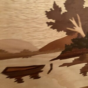 Antique Wood Inlay Sailboat Landscape Artwork Hardwood