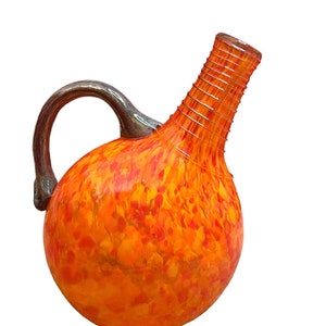 Art Glass Handmade Vinegar Oil Cruet Bottle Handle Orange Red Swirl Signed