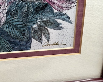 Cindy Conklin Signed Scratchwork Lithograph Framed Hawaii Flowers