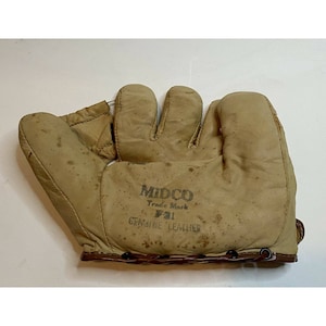 Vintage Midco Guanto da baseball in vera pelle Mitt Modello F21 Tan Man Cave Prop