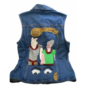 OOAK Nordstrom Jean Denim Vest Hand Painted Dog Man Cartoon Comic Fantasy Small