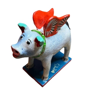 Vintage Mexican Tonala Pig Wings Statue Signed Ortega Whimsical Coin Bank
