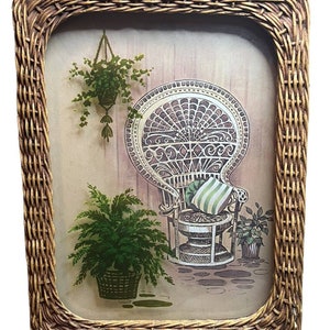 Vintage Boho Peacock Wicker Chair Plants Picture Reverse Painted Glass Rattan
