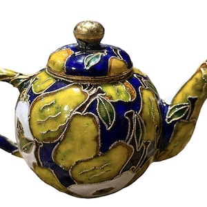Chinese Vintage Brass Cloisonné Teapot Kettle Enamel Fruit Pear Mini