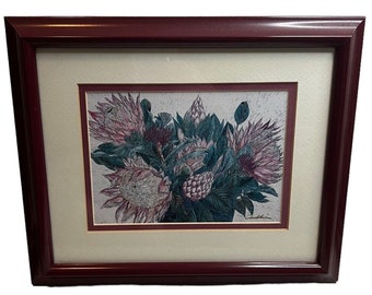 Cindy Conklin Signed Scratchwork Lithograph Framed Hawaii Flowers