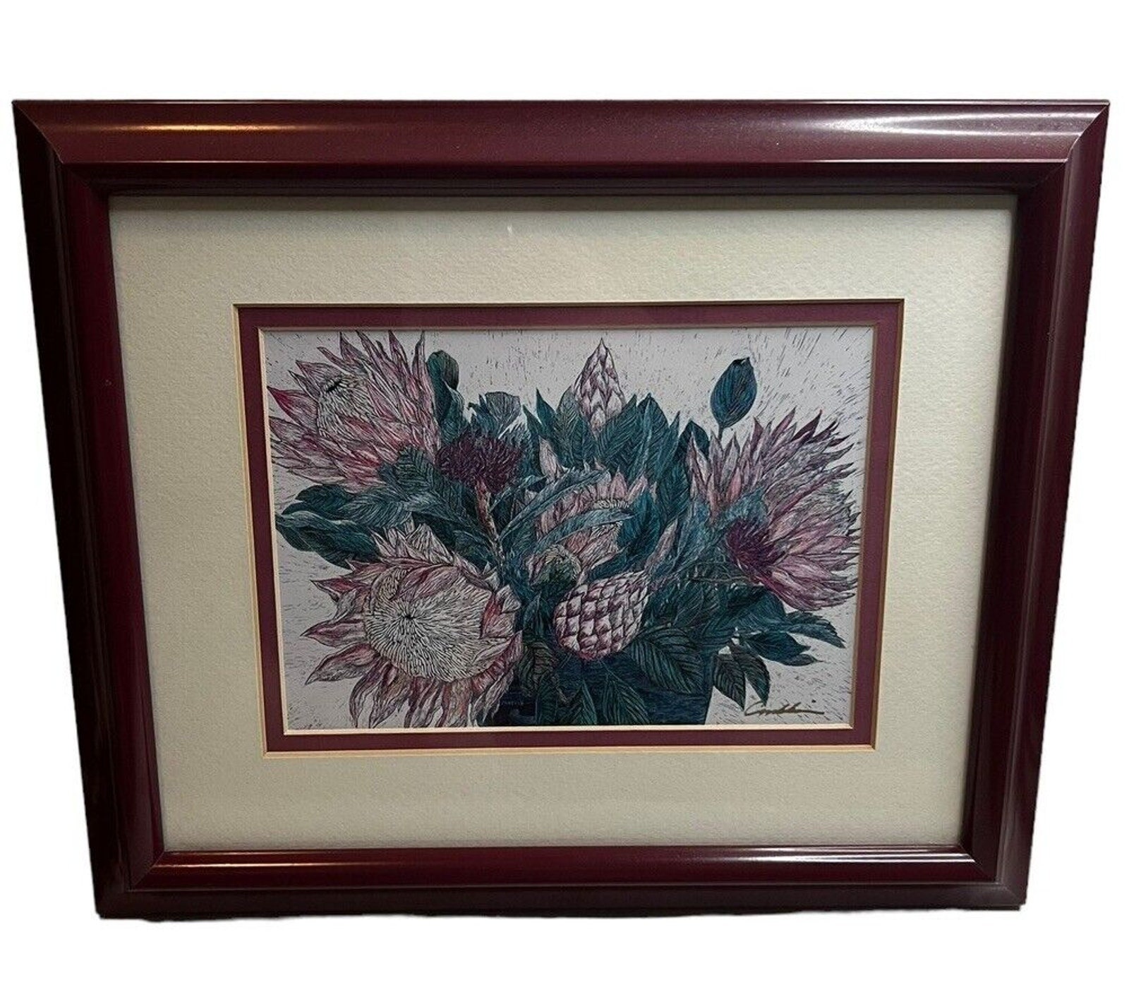CINDY CONKLIN シンディコンクリン　絵画　スクラッチワーク　ハワイ Cindy Conklin Signed Scratchwork Lithograph Framed Hawaii Flowers