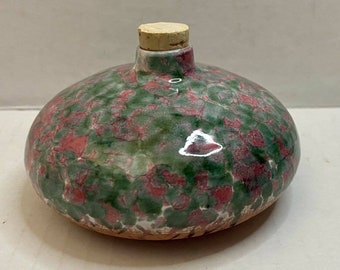 Vintage Glazed Mini Bottle Jar Jug France Art Pottery Cork Green Pink Unique