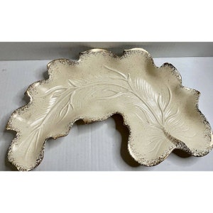California Originals Cream Gold Leaf Tray Dish Curve 14” USA Art Deco MCM Decor