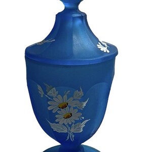 Westmoreland Blue Satin Glass Lid Compote Candy Dish Painted Daisy Flower