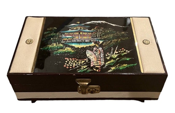 Vintage Reverse Painted Black Lacquer Music Jewelry Box  6\