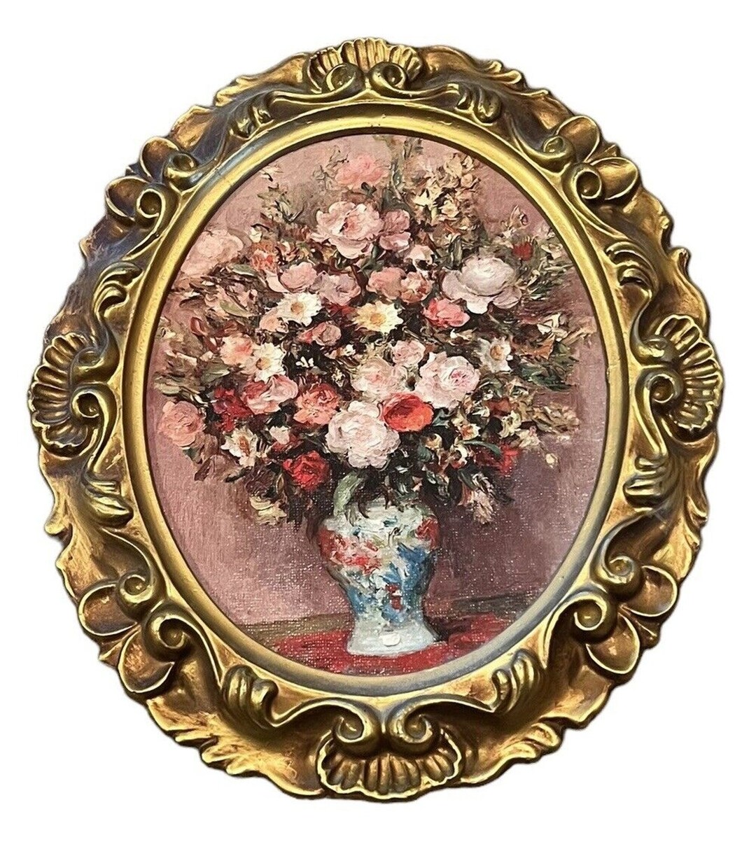 Vintage Gold Oval Ornate Framed Art Picture Painting Flowers Vase ...