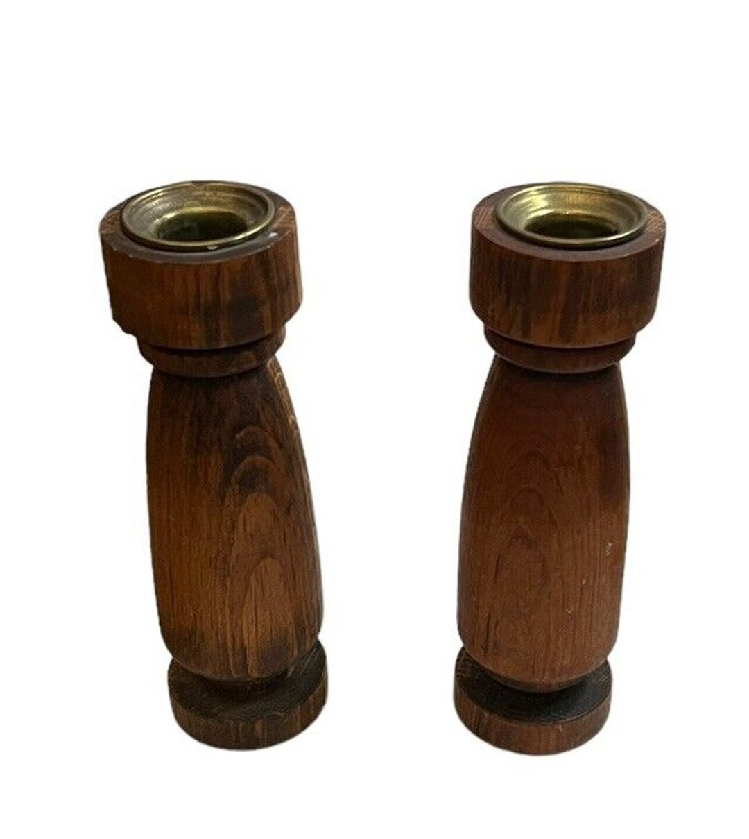Vintage Set of 2 Handmade Turned Wood Taper Candle Holders MCM ...