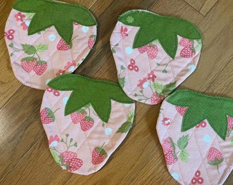 Handmade Strawberry Quilted Fabric Coasters - Set of 4
