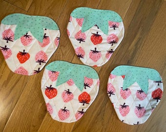 Handmade Strawberry Quilted Fabric Coasters - Set of 4
