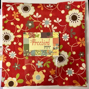 Peut inclure: Un carré de tissu rouge avec un motif floral composé de fleurs blanches, jaunes et bleues. Le tissu présente un motif répété de fleurs et de vignes. Une petite carte avec le mot "Freebird" est attachée.