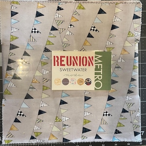 Puede incluir: Un conjunto de cuadrados de tela con un patrón repetido de banderas de banderines de colores sobre un fondo gris. La tela está etiquetada como "REUNION SWEETWATER moda". Una etiqueta verde dice "METRO".