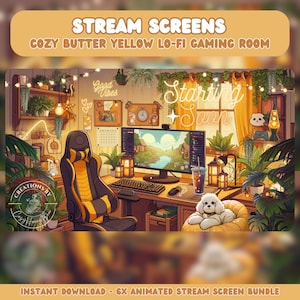 May include: A digital illustration of a cozy, yellow gaming room with a computer, a gaming chair, plants, and a dog. The text "Starting Soon" is displayed on a wall behind the computer. The text "Good Vibes" is displayed on a wall to the left of the computer. The text "CREATIONS BY" is displayed in the lower left corner of the image.