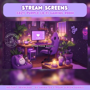 May include: Purple and black animated stream screen bundle featuring a cozy purple gaming room with a computer, desk, chair, plants, and a cute cartoon character. The text "STARTING SOON..." is displayed on the screen.