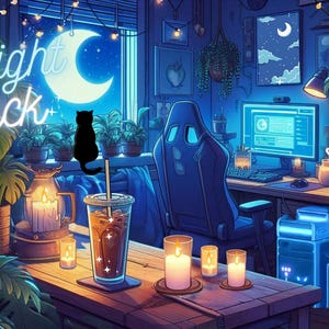 Puede incluir: Ilustraci&oacute;n digital de una habitaci&oacute;n con escritorio, ordenador y plantas. Se ve una gran luna a trav&eacute;s de la ventana, con una silueta de gato negro. Las palabras "Be Right Back" est&aacute;n en ne&oacute;n. Velas y una bebida est&aacute;n sobre la mesa.