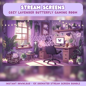 Lavender Butterfly Animated Stream Screens: Cozy Gaming Room Overlay (Digital Downloadable Bundle)