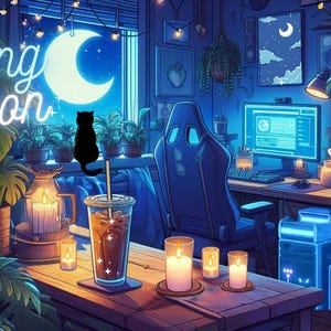 Puede incluir: Escena ilustrada de una habitaci&oacute;n acogedora con una configuraci&oacute;n de computadora, plantas y velas. Una gran luna es visible a trav&eacute;s de una ventana. Las palabras "Starting Soon" est&aacute;n escritas en ne&oacute;n. Una silueta de gato negro est&aacute; en el alf&eacute;izar.