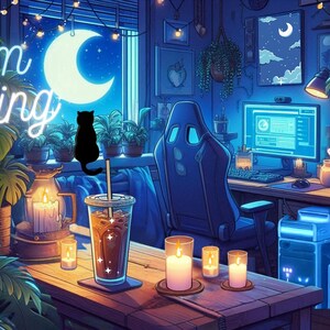 Puede incluir: Ilustraci&oacute;n de una habitaci&oacute;n acogedora con una configuraci&oacute;n de computadora, una gran luna y un gato negro. Las palabras "Stream Ending" est&aacute;n en luces de ne&oacute;n. La habitaci&oacute;n est&aacute; decorada con plantas y velas, creando un ambiente relajante.