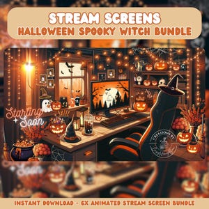 Peut inclure: Un ensemble de six écrans de diffusion Twitch animés sur le thème d'Halloween, mettant en scène l'espace de travail d'une sorcière avec un ordinateur, un fauteuil de jeu et des décorations effrayantes. Le texte "Starting Soon" est affiché à l'écran.