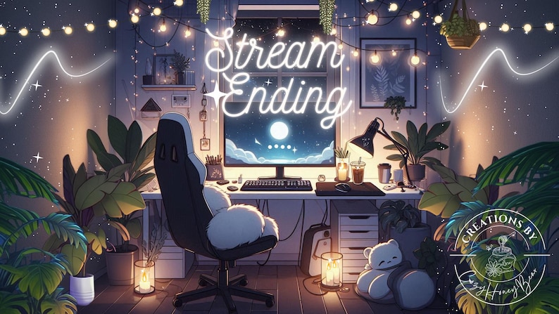 May include: A digital illustration of a cozy, dimly lit room with a desk, a gaming chair, and a computer screen displaying a night sky with a moon. The text "Stream Ending" is displayed in neon lights above the computer screen. The room is decorated with string lights and plants.
