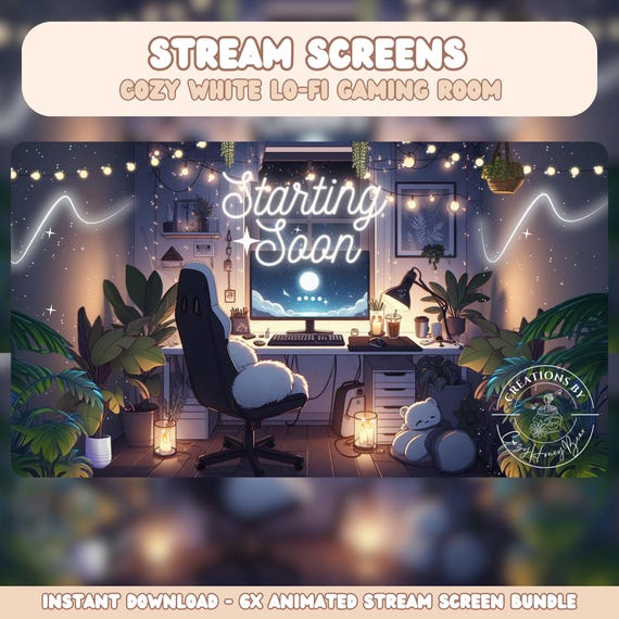 Cozy White Lo-Fi Gaming Room Stream Screens: 6x Animated Twitch Overlays (Digital Download)