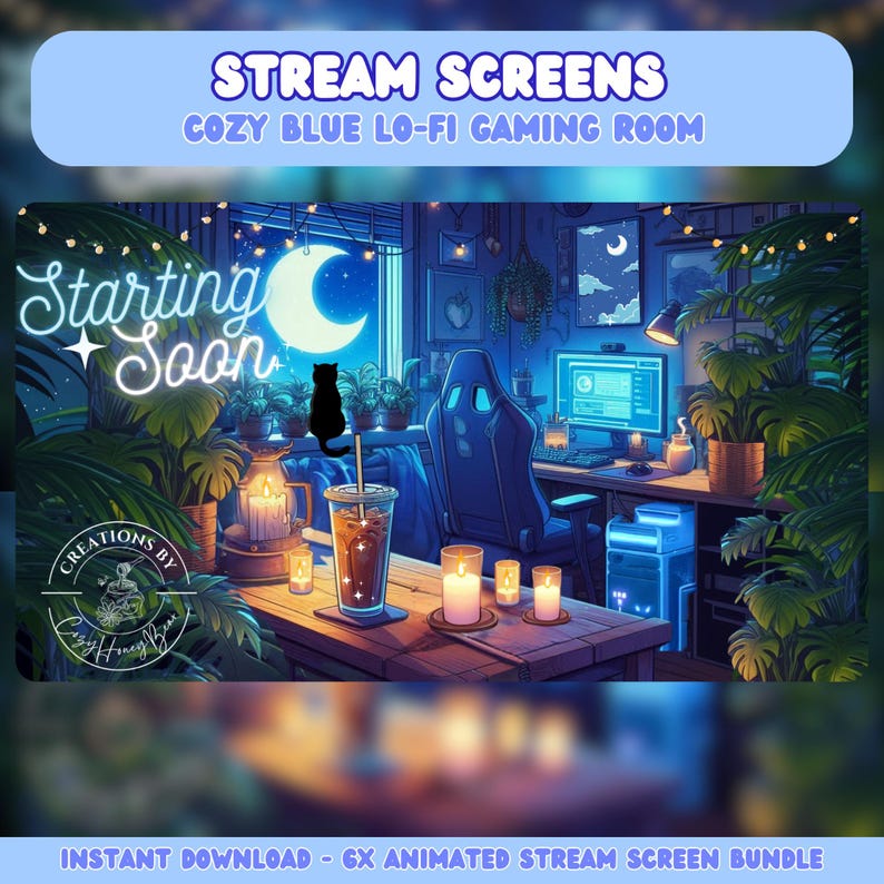Puede incluir: Ilustraci&oacute;n digital de una acogedora sala de juegos azul con el texto "STREAM SCREENS" y "COZY BLUE LO-FI GAMING ROOM". La escena incluye un escritorio con una computadora, una silla de juego, plantas, velas y una bebida. Las palabras "Starting Soon" tambi&eacute;n son visibles.