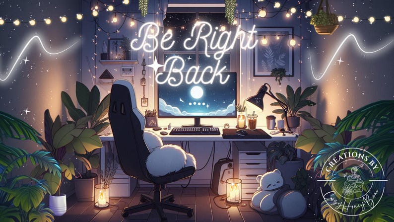 May include: A cozy, dimly lit room with a computer desk, a gaming chair, and plants. The computer screen displays a night sky with stars and a moon. The desk has a neon sign that reads "Be Right Back".