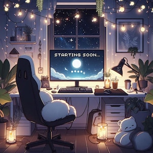 May include: A cozy, dimly lit room with a computer screen displaying the text "STARTING SOON..."  The room features a gaming chair, a desk with a keyboard and mouse, and various plants. The room is decorated with string lights and a white neon line.