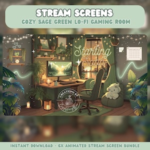 Pacote de tela de transmissão animada para sala de jogos Lo-Fi Cosy Sage Green Lo-Fi 6x sobreposições Twitch acessíveis para streamers