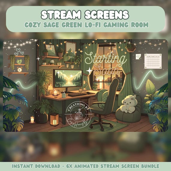 Cozy Sage Green Lo-Fi Gaming Room Stream Screens (Animated Digital Download)